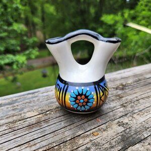 Signed Lee Hand-Painted Navajo Double-Spouted Miniature Wedding Pottery Vase Wit